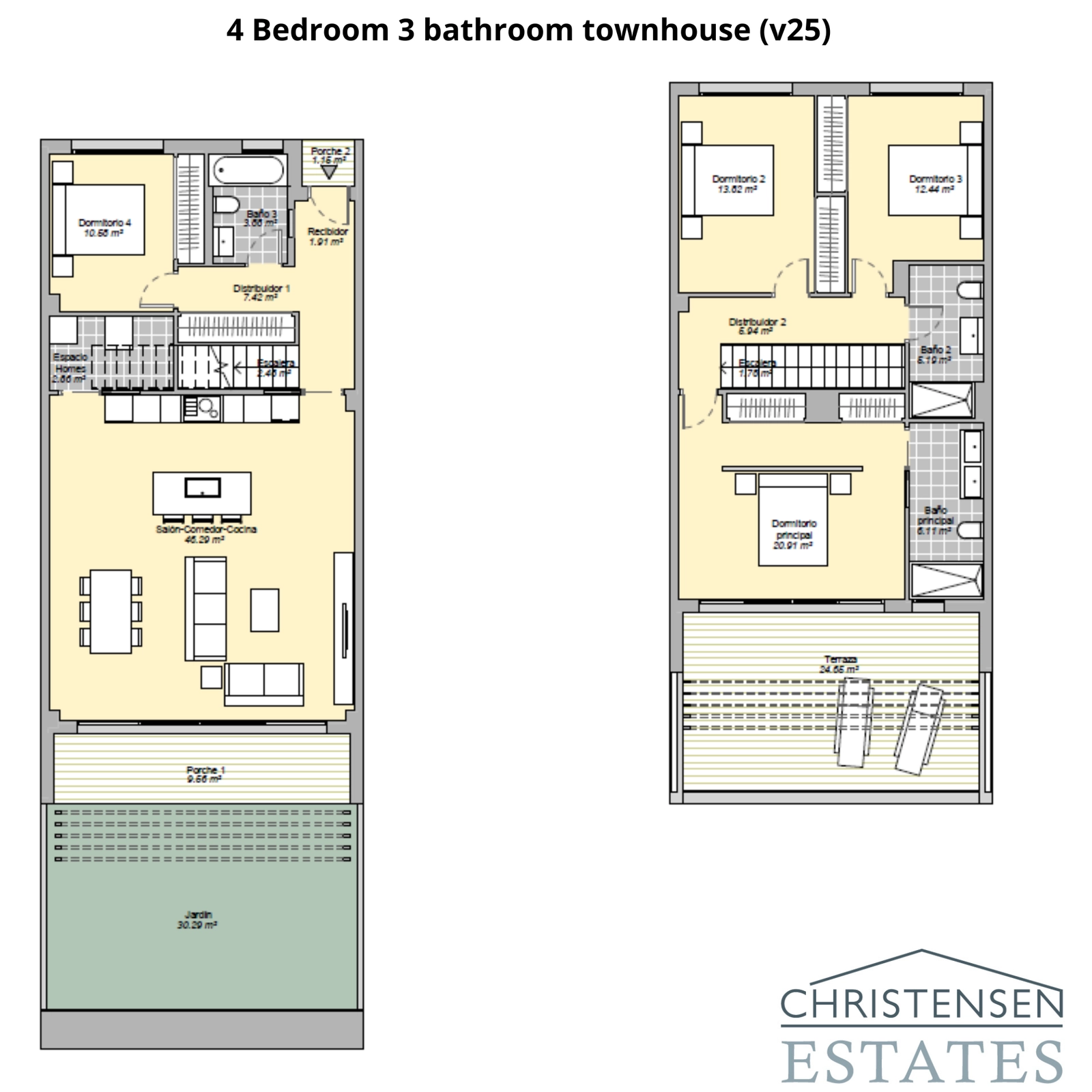 Der Grundriss des Reihenhauses mit vier Schlafzimmern bietet viel Platz für Familien, mit klar definierten Wohn- und Schlafbereichen auf zwei Etagen.
