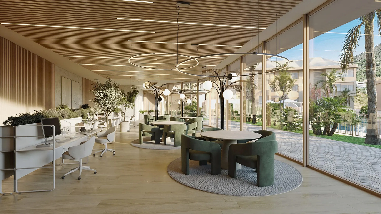 Co-Working-Lounge, in der Bewohner bequem arbeiten, sich treffen oder entspannen können.