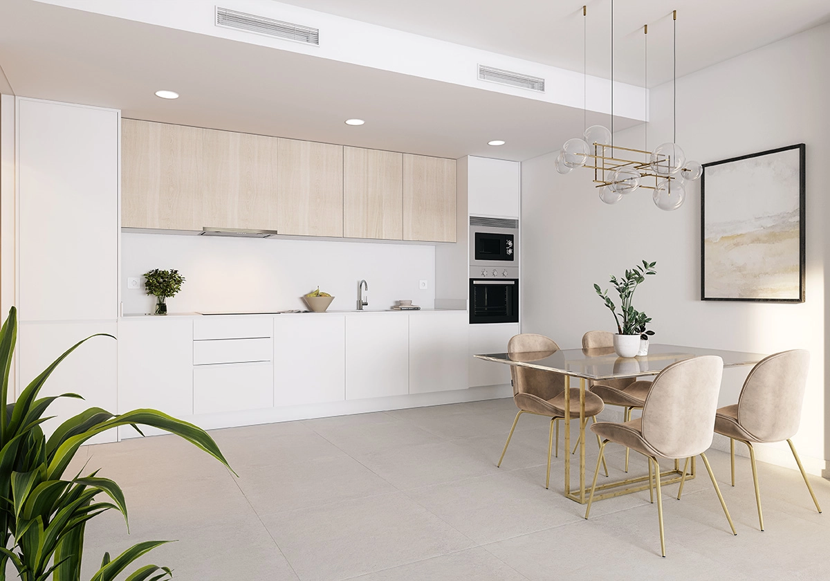 Die moderne Küche ist stilvoll und funktional gestaltet und verfügt über hochwertige Geräte.