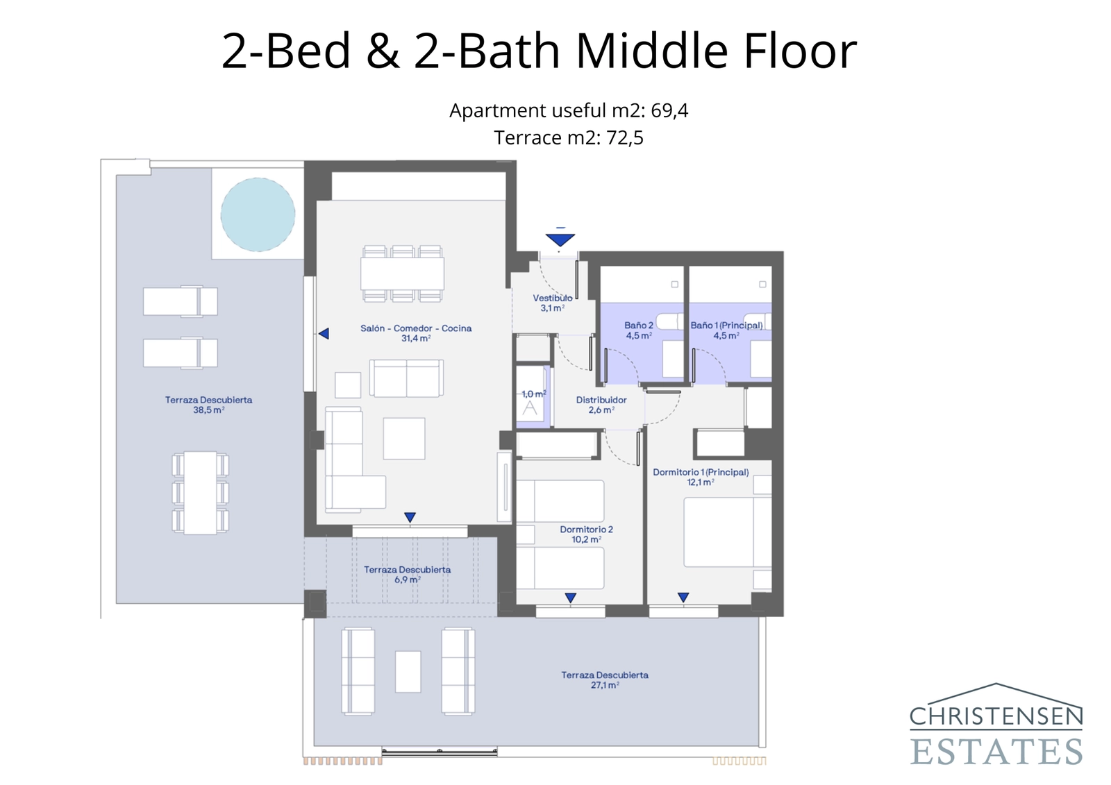 Ein gut durchdachter Grundriss mit zwei Schlafzimmern im mittleren Stockwerk, der eine weitläufige Terrasse zur Maximierung des Wohnens im Freien bietet.