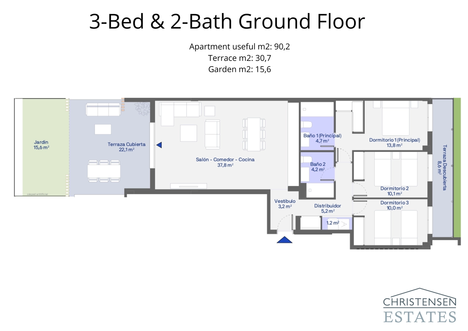 Die Erdgeschosswohnung mit drei Schlafzimmern bietet großzügigen Wohnraum, der nahtlos auf eine Terrasse und einen Garten übergeht.
