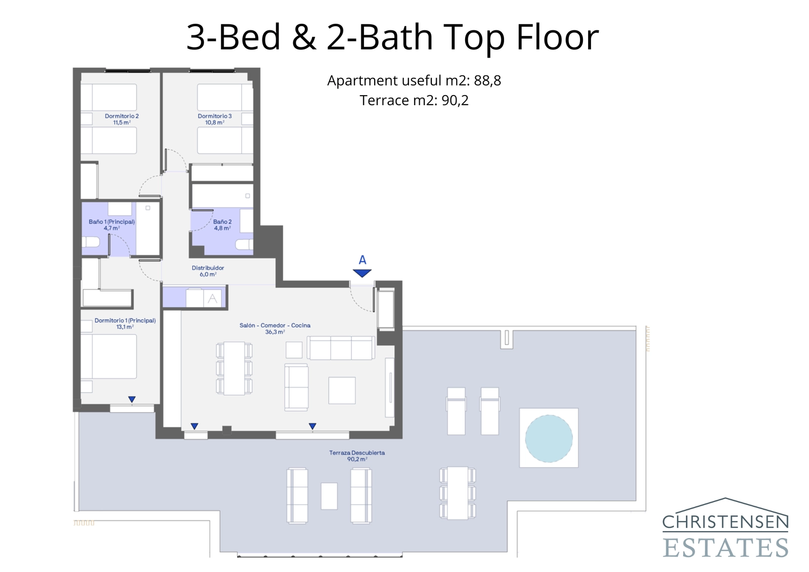 Dieser Grundriss der obersten Etage mit drei Schlafzimmern präsentiert einen beeindruckenden offenen Wohnbereich und eine riesige umlaufende Terrasse.