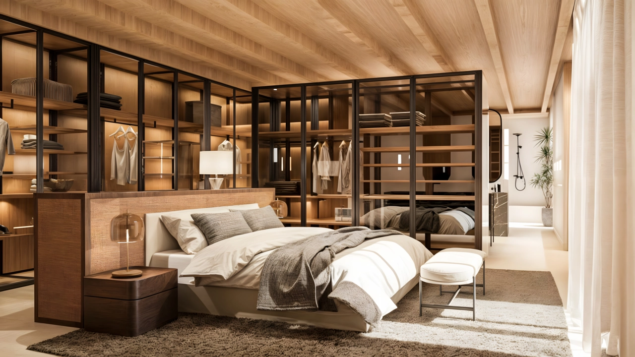 Das Hauptschlafzimmer bietet einen ruhigen Rückzugsort mit natürlichem Holz und anspruchsvollem Design.
