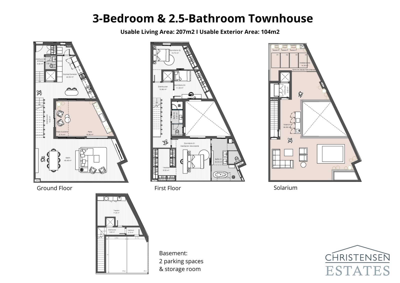Ein alternativer Grundriss mit 3 Schlafzimmern, der die intelligente Raumaufteilung und die nahtlose Verbindung zum privaten Patio und den Terrassen zeigt.