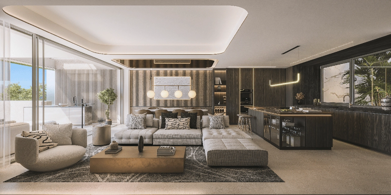 Eine anspruchsvolle Küche mit Premium-Geräten fügt sich wunderschön in die Wohn- und Essbereiche ein.