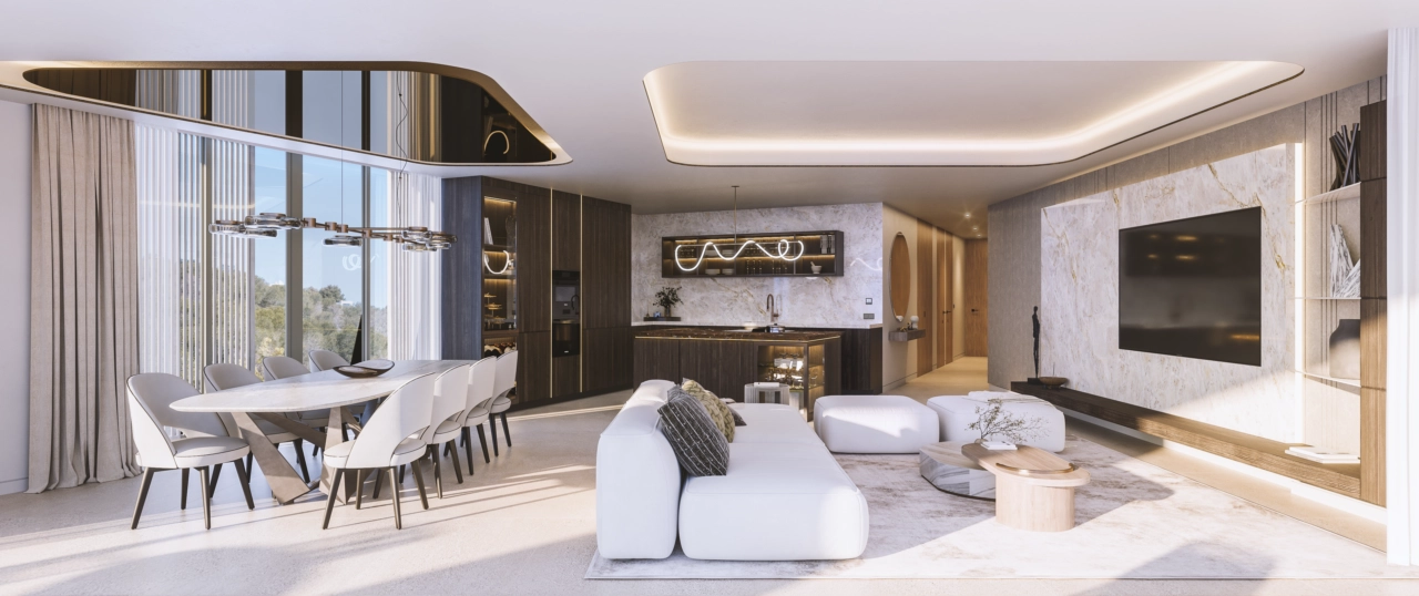 Sonnenlicht durchflutet die eleganten Ess- und Wohnbereiche und schafft eine helle und einladende Atmosphäre für Familie und Freunde.