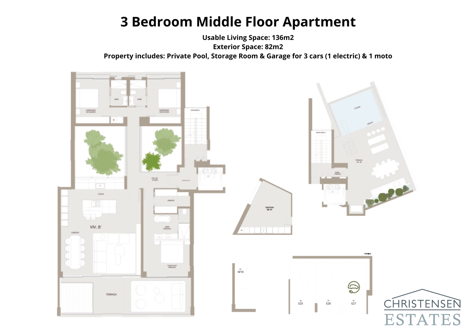 Dieser Grundriss mit drei Schlafzimmern umfasst 136 m² Wohnfläche und eine 82 m² große Terrasse. Die Gestaltung legt Wert auf einen guten Fluss und Privatsphäre, einschließlich eines privaten Pools und einer sicheren Garage für drei Autos.