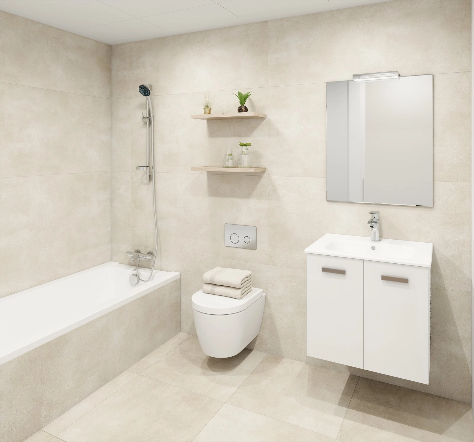 Ein gut ausgestattetes zweites Badezimmer mit einer Badewanne in Standardgröße und modernen Armaturen.