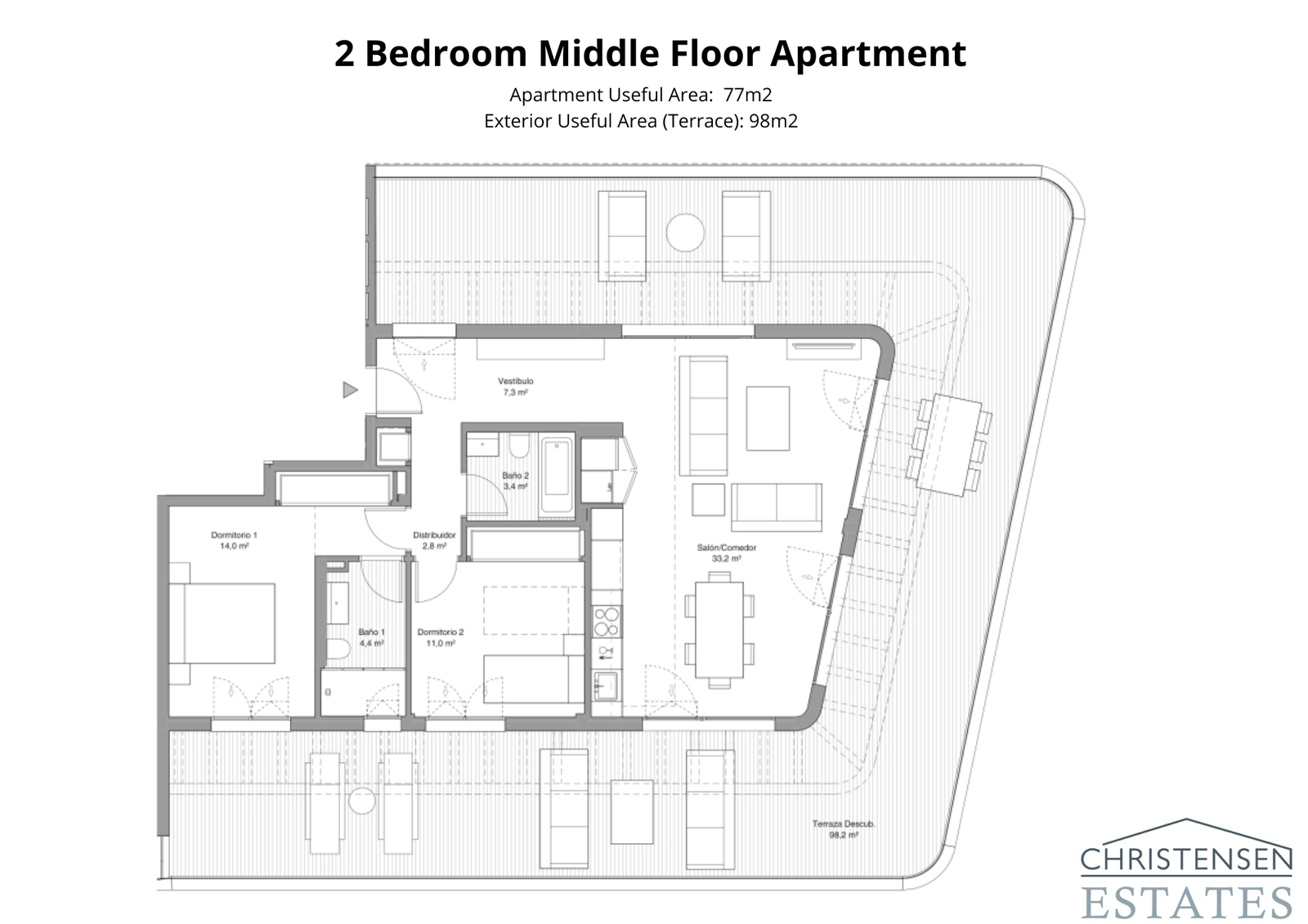 Ein gut durchdachter Wohnungsgrundriss mit zwei Schlafzimmern und einer großen umlaufenden Terrasse, die viel Platz zum Sonnenbaden und Essen bietet.