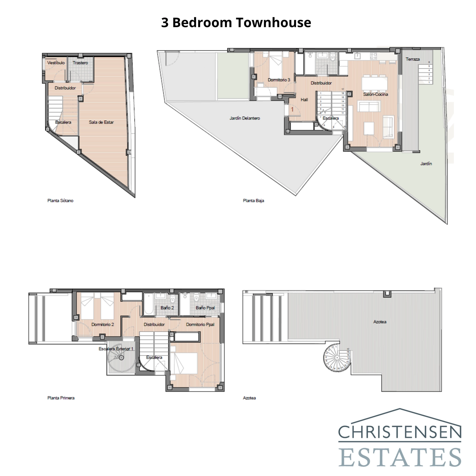 Dieser Plan zeigt die Raumaufteilung eines geräumigen 3-Schlafzimmer-Reihenhauses, mit Details zur Verteilung der Zimmer im Untergeschoss, Erdgeschoss, ersten Stock und auf dem Dachsolarium.