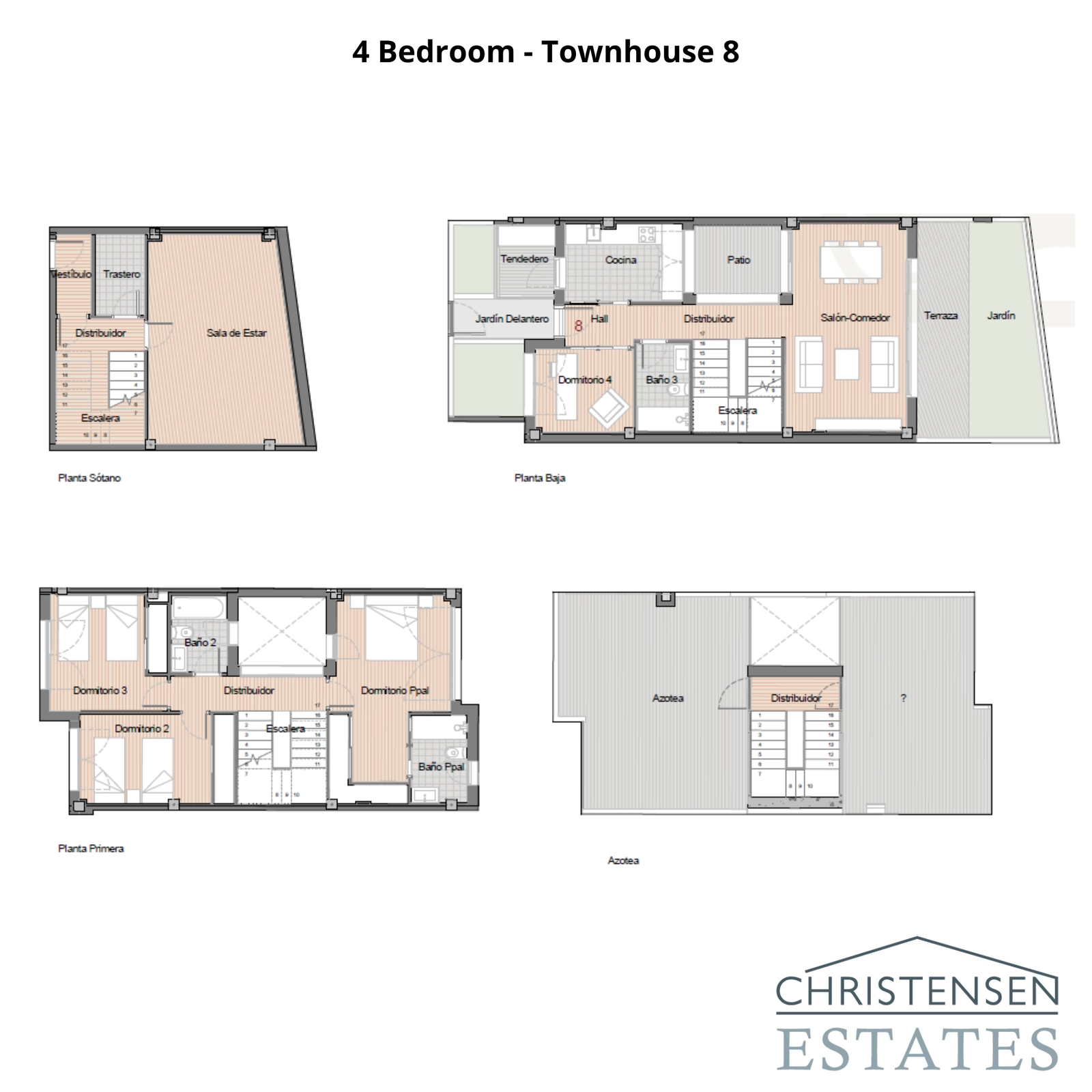 Ein alternativer Grundriss für ein 4-Schlafzimmer-Reihenhaus, konzipiert für optimalen Komfort und Funktionalität, mit mehreren Etagen, die separate Wohn- und Privatbereiche bieten.
