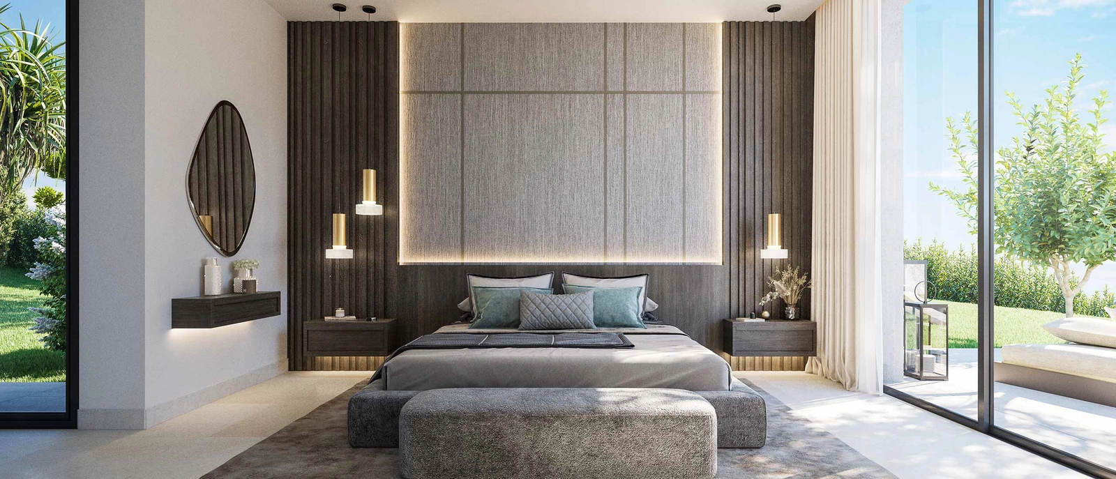 Elegante Hauptschlafzimmer, als private Rückzugsorte konzipiert, mit direktem Zugang zum Garten.