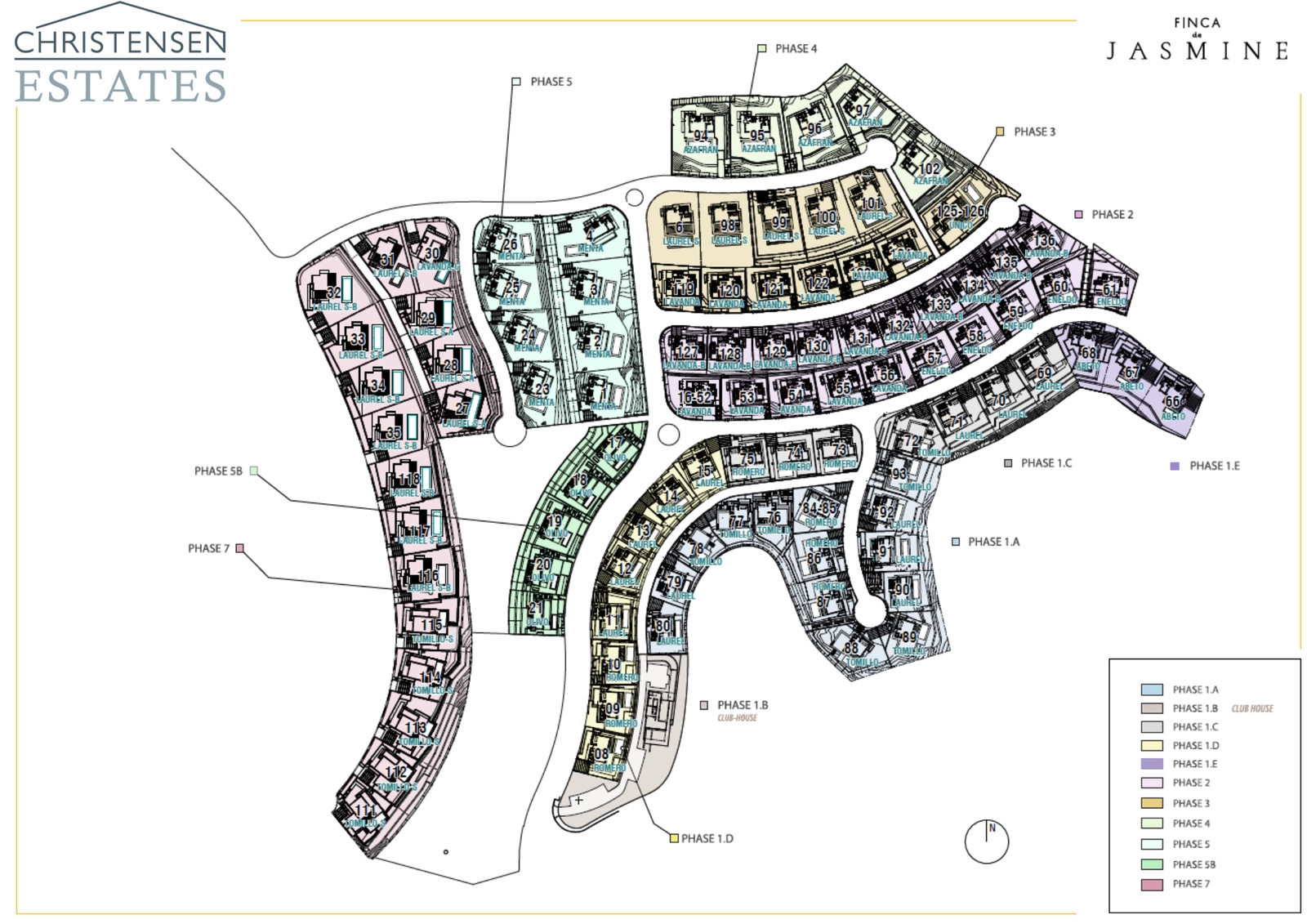 Ein Masterplan der Finca de Jasmine Gemeinschaft, der die durchdachte Anordnung der Villen und Grünflächen zeigt.