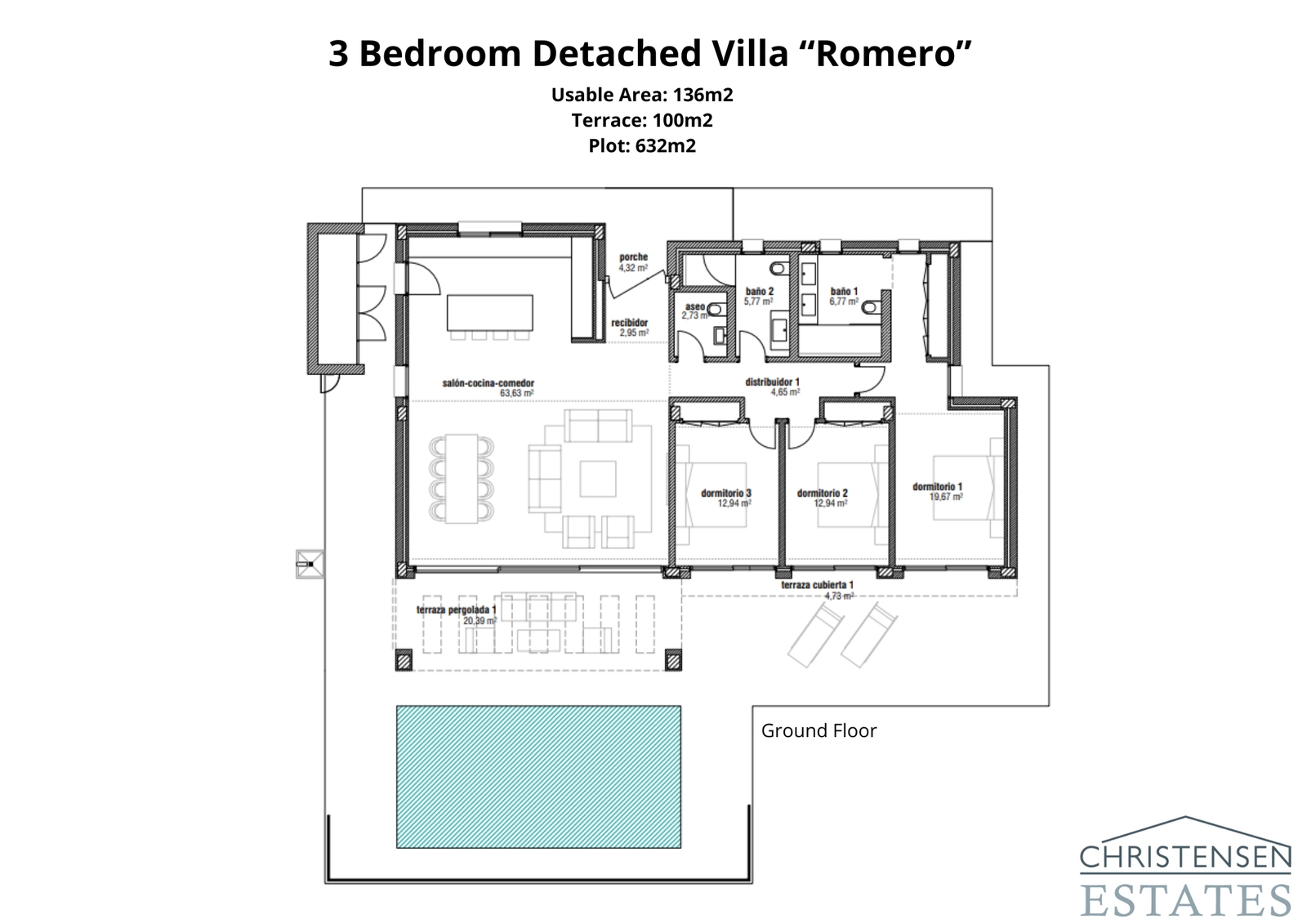 Der Grundriss der Villa Romero, einem Haus mit drei Schlafzimmern, konzipiert für komfortables Wohnen auf einer Ebene mit nahtlosem Übergang von Innen- zu Außenbereich.