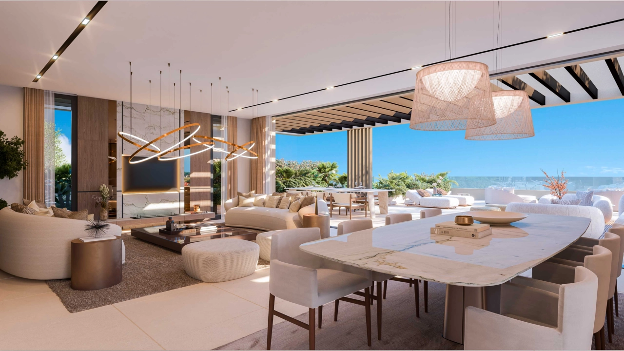 Ein eleganter, offener Wohn- und Essbereich, der auf Komfort ausgelegt ist und von natürlichem Licht durchflutet wird.