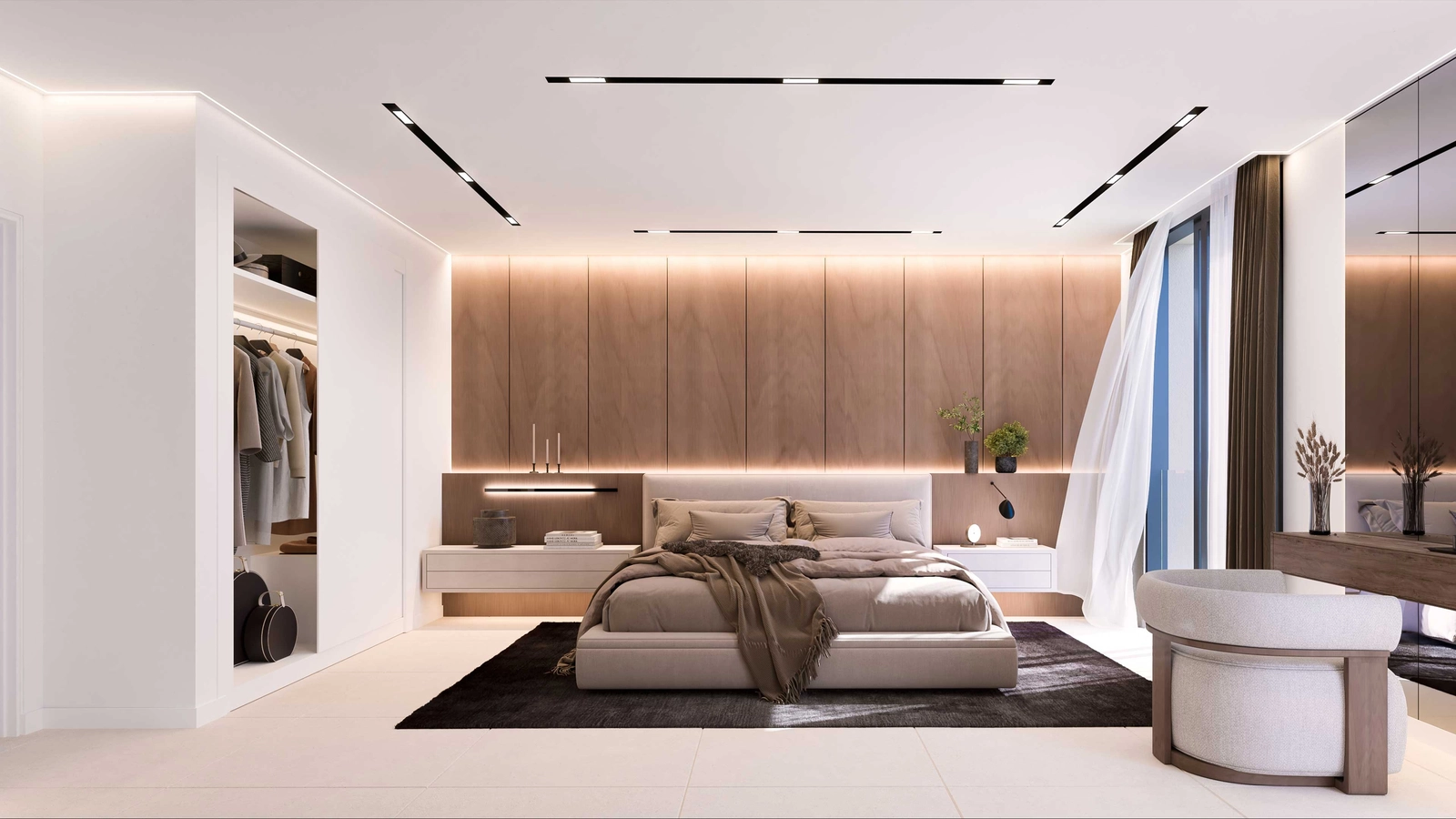 Die Hauptschlafzimmer sind ruhige Rückzugsorte, gestaltet mit anspruchsvollem Stil und hochwertigen Materialien.