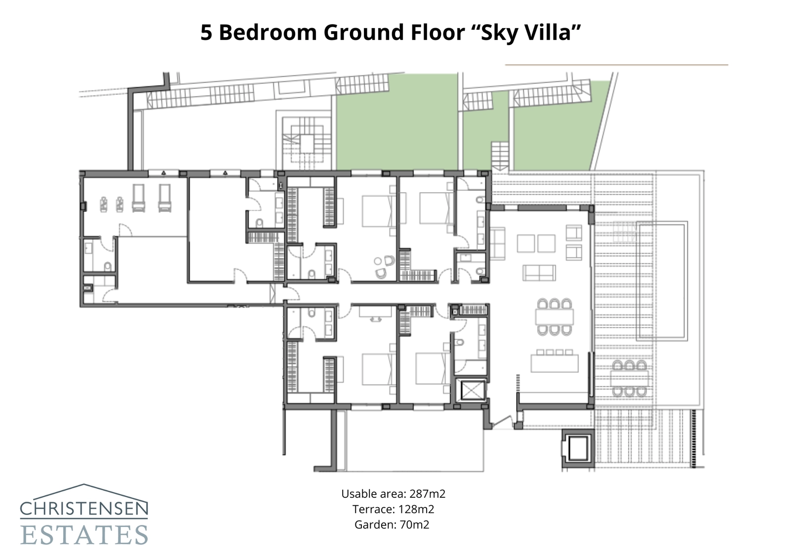 Dieser großzügige Grundriss einer Fünf-Schlafzimmer-Erdgeschoss-Sky-Villa verbindet einen 287 m² großen Innenbereich mit einer 128 m² großen Terrasse und einem 70 m² großen privaten Garten, ideal für das Familienleben.