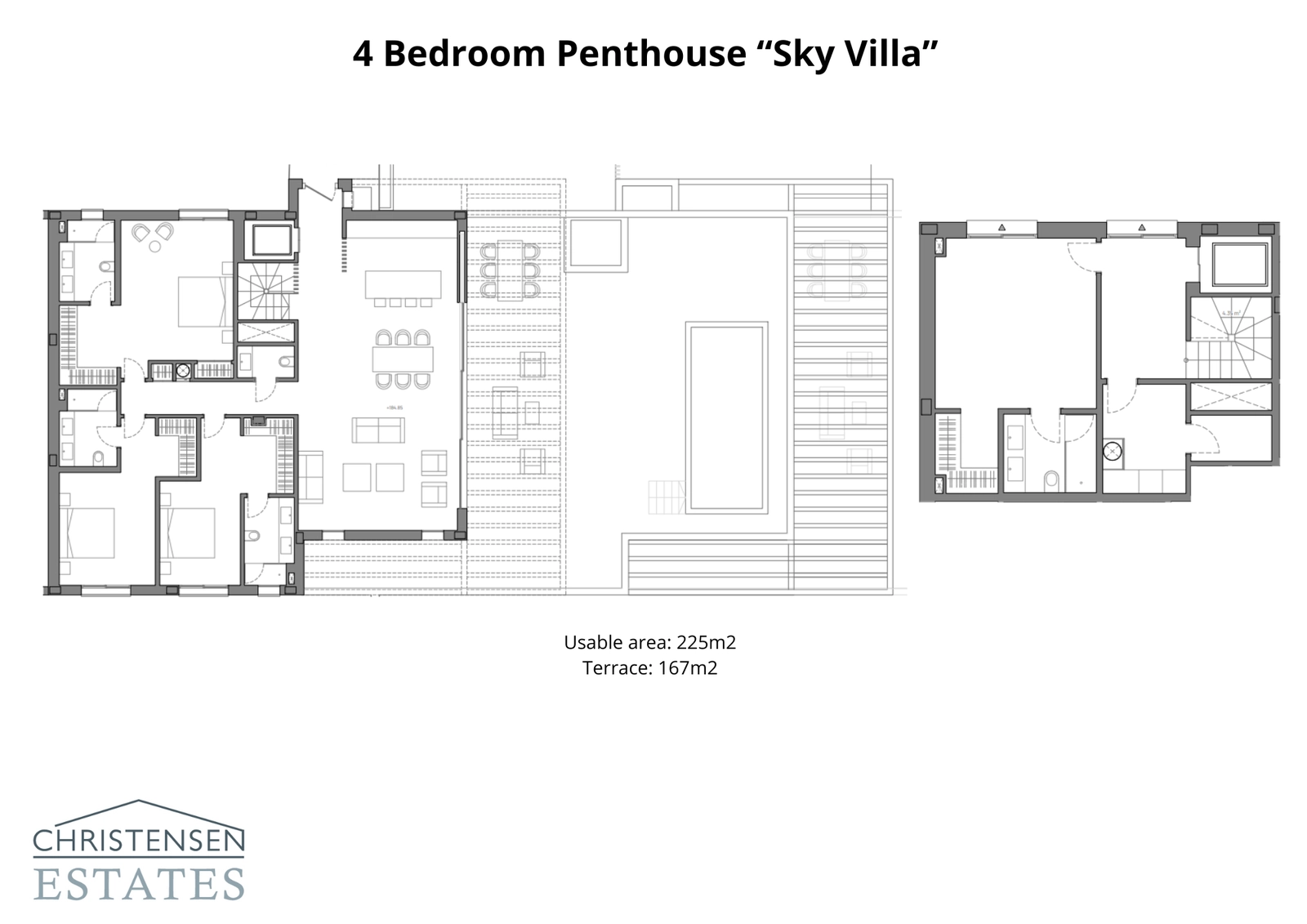 Ein weitläufiger Vier-Schlafzimmer-Penthouse-Grundriss mit 225 m² Wohnfläche und einer 167 m² großen Terrasse, um den atemberaubenden Meerblick optimal zu genießen.