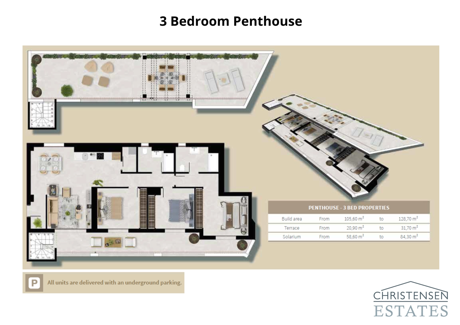 Der exklusive Grundriss der Dreizimmer-Dachgeschosswohnung umfasst ein weitläufiges Dachsolarium, perfekt für private Entspannung und Unterhaltung.