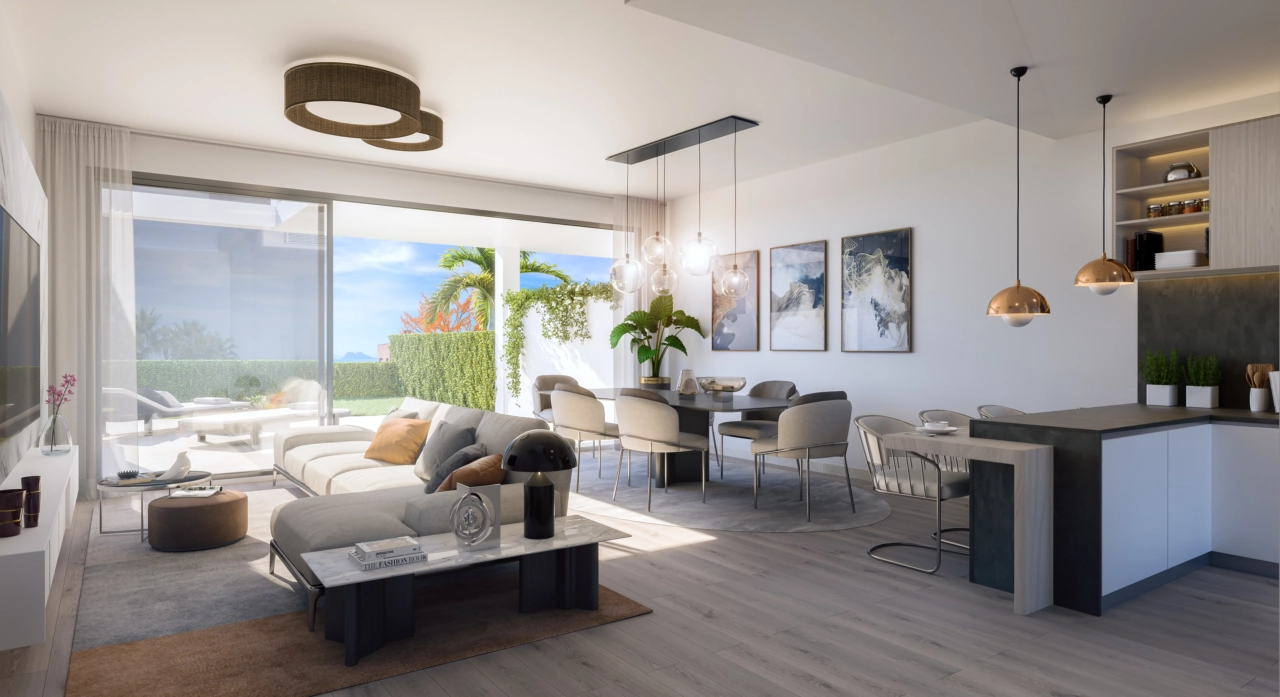 Der helle und geräumige Wohnbereich verbindet sich nahtlos mit dem privaten Garten und schafft einen perfekten Lebensstil im Innen- und Außenbereich.