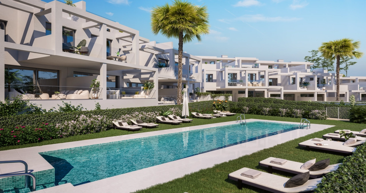 Die wunderschön angelegten Gemeinschaftsgärten und der große Swimmingpool bieten den Bewohnern einen herrlichen Raum zum Entspannen.