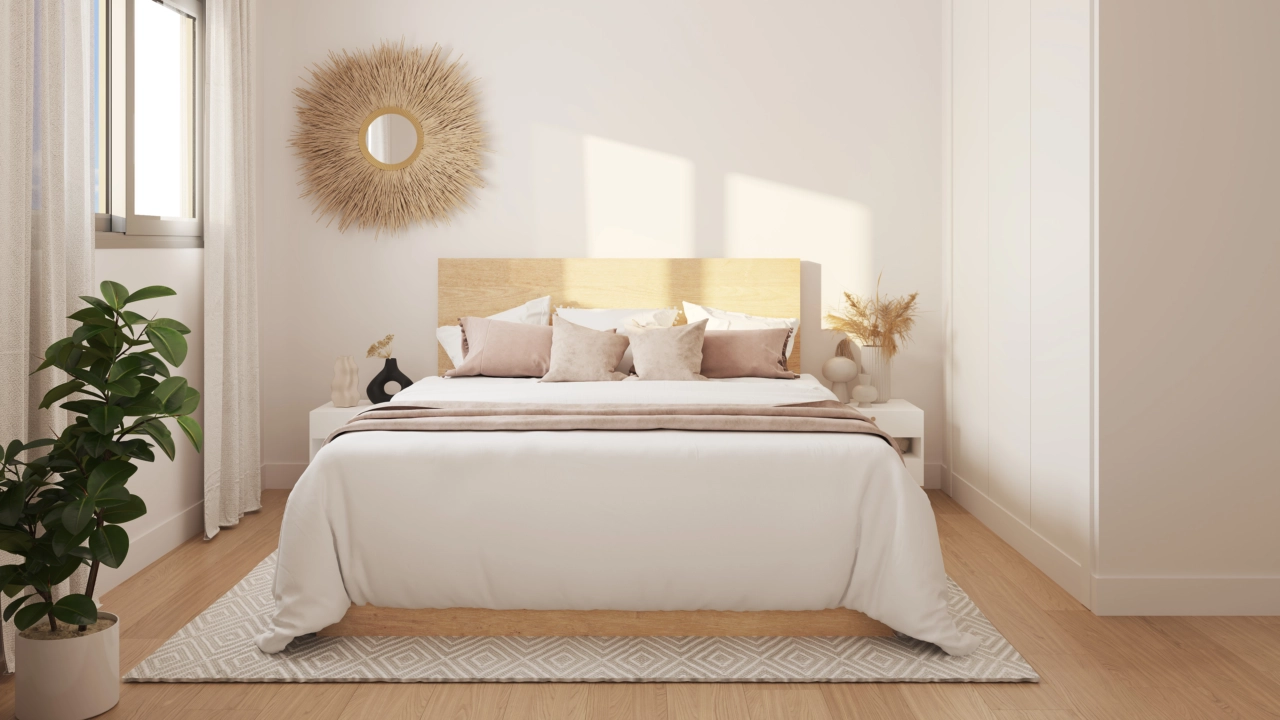 Das Hauptschlafzimmer bietet einen ruhigen Rückzugsort, der auf Komfort und Eleganz ausgelegt ist.