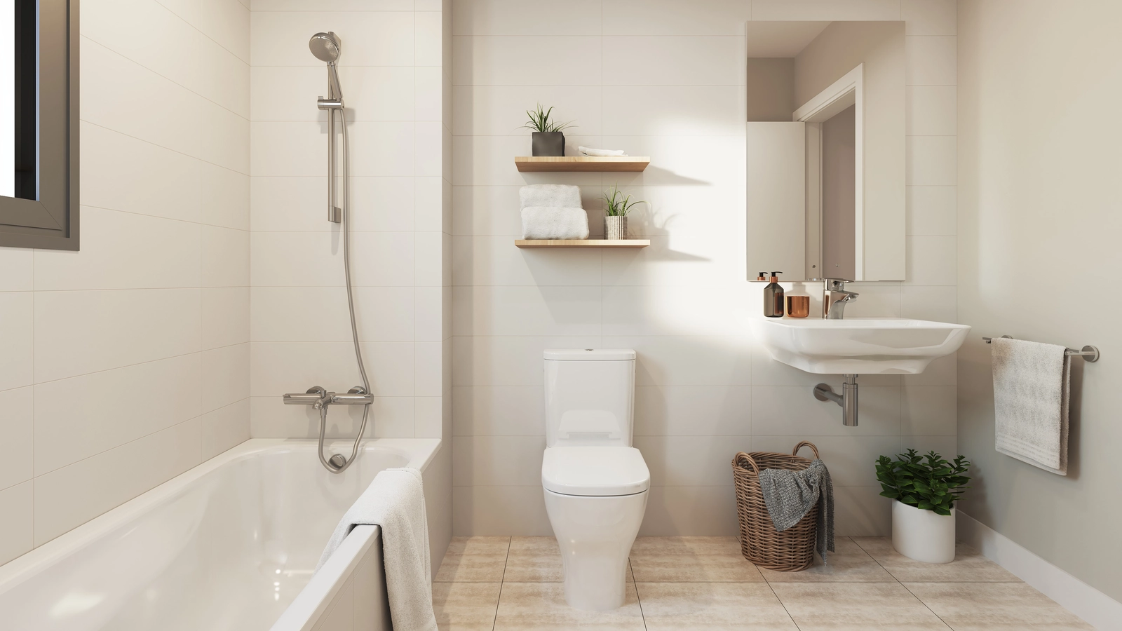 Ein helles und geräumiges Badezimmer mit einer Badewanne und modernen, hochwertigen Oberflächen.