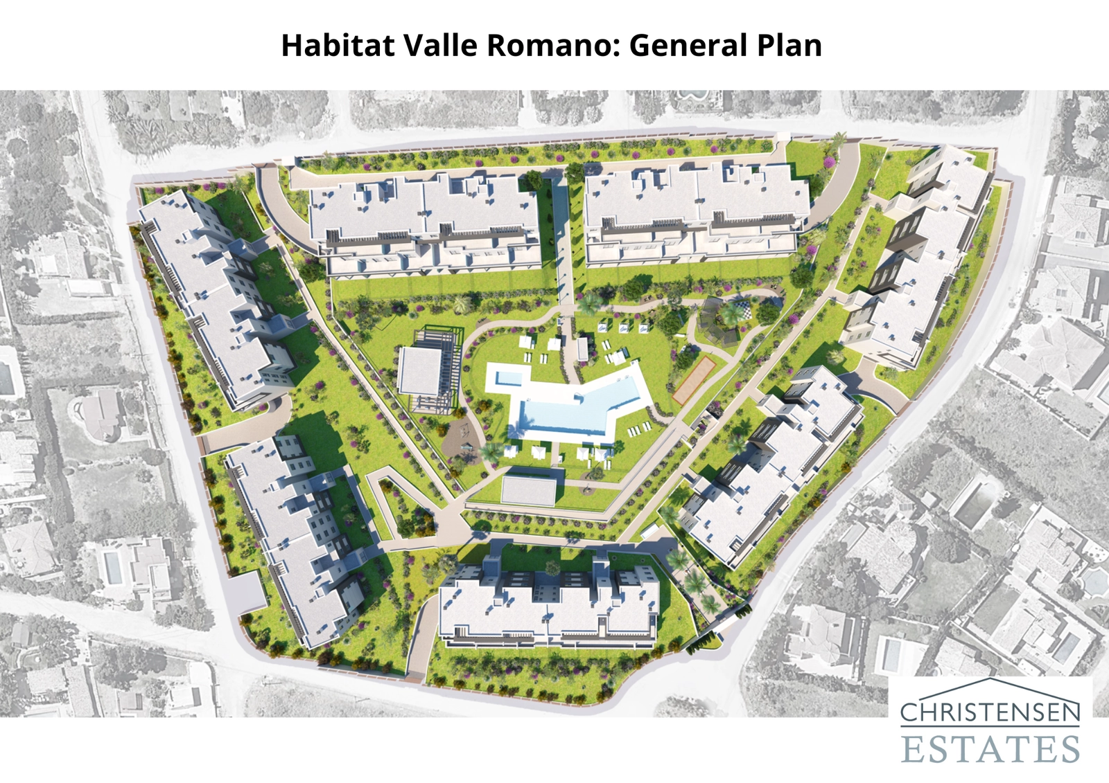 Eine Übersicht der Anlage, die die durchdachte Anordnung von Gebäuden, Schwimmbädern und weitläufigen Grünflächen für das Gemeinschaftsleben zeigt.