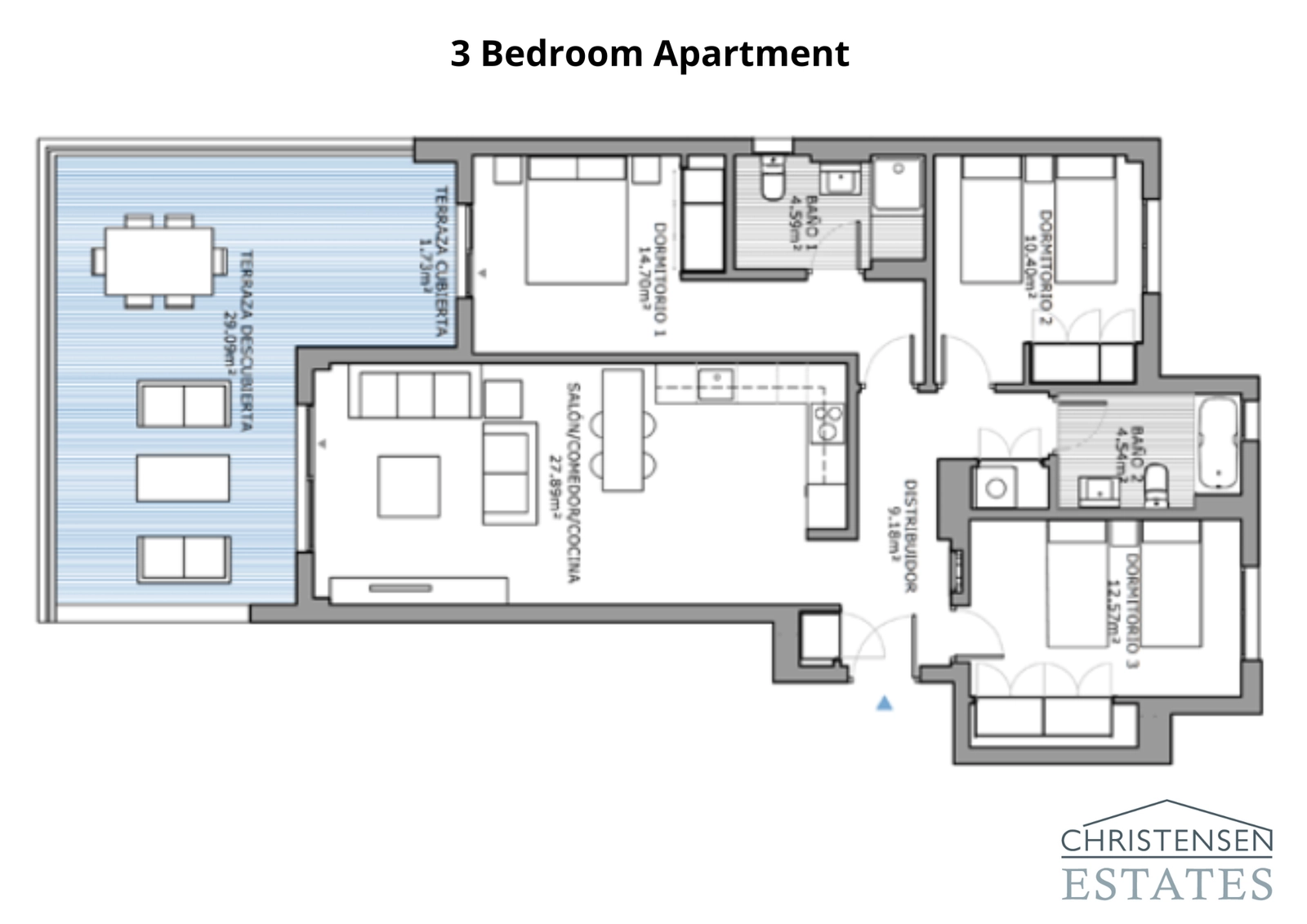 Eine geräumige Dreizimmerwohnung, die auf Komfort ausgelegt ist, mit einer großen Terrasse, die eine atemberaubende Aussicht und viel Platz zum Entspannen bietet.