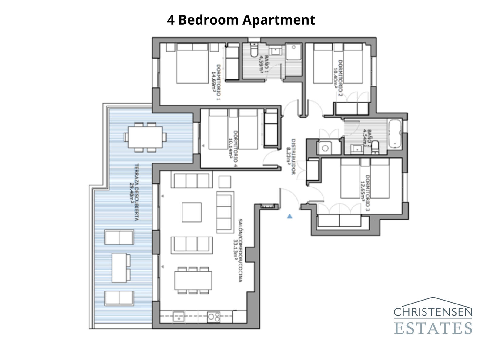 Der Grundriss mit vier Schlafzimmern bietet außergewöhnlichen Raum für das Familienleben und kombiniert offene Bereiche mit privaten Rückzugsorten und einer großen Terrasse.