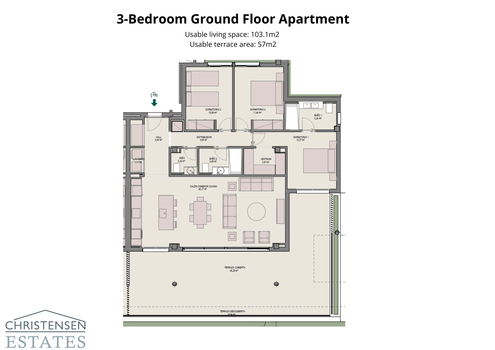 Grundriss einer Dreizimmer-Erdgeschosswohnung, der die großzügigen Innenräume und den direkten Zugang zu einem privaten Gartenbereich hervorhebt.
