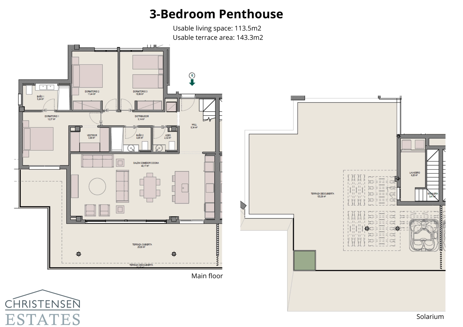 Der Grundriss der Dreizimmer-Dachgeschosswohnung bietet großzügige Wohnbereiche und ein prächtiges Solarium für den ultimativen Luxus-Lebensstil.
