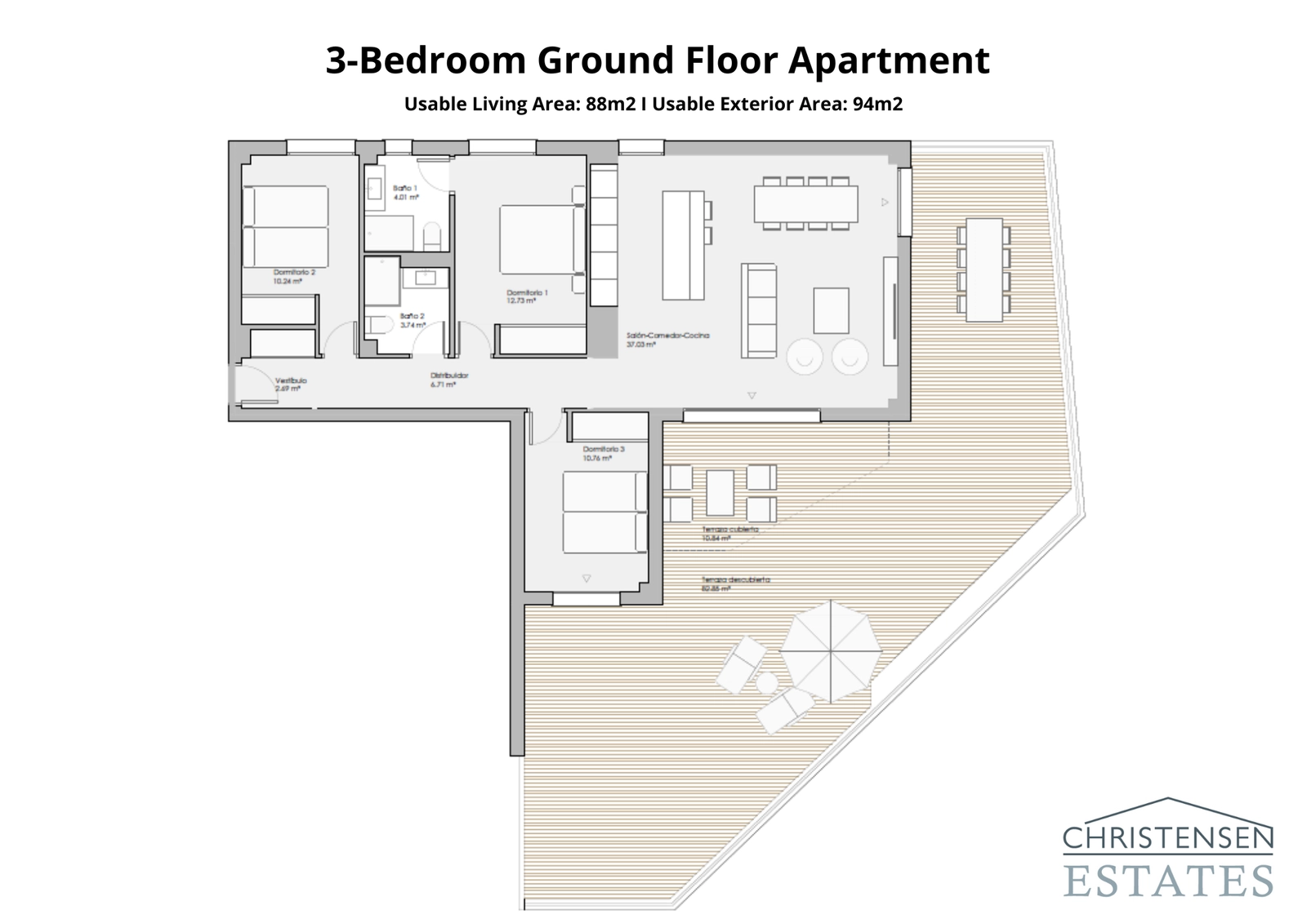 Dieser Grundriss im Erdgeschoss mit drei Schlafzimmern verbindet geräumige Innenbereiche mit einer großzügigen Terrasse und einem privaten Garten, perfekt für das Leben im Freien.