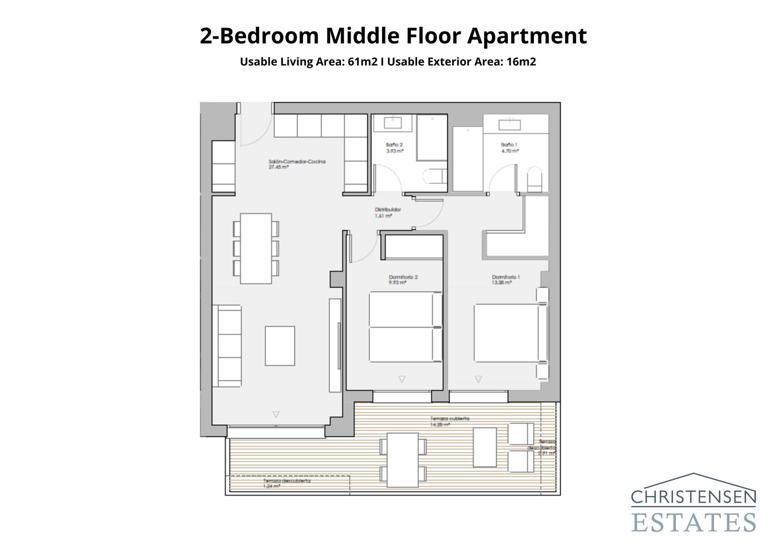Ein intelligentes Design mit zwei Schlafzimmern und einem offenen Wohnbereich, der sich auf eine private Terrasse erstreckt, ideal, um die Aussicht zu genießen.