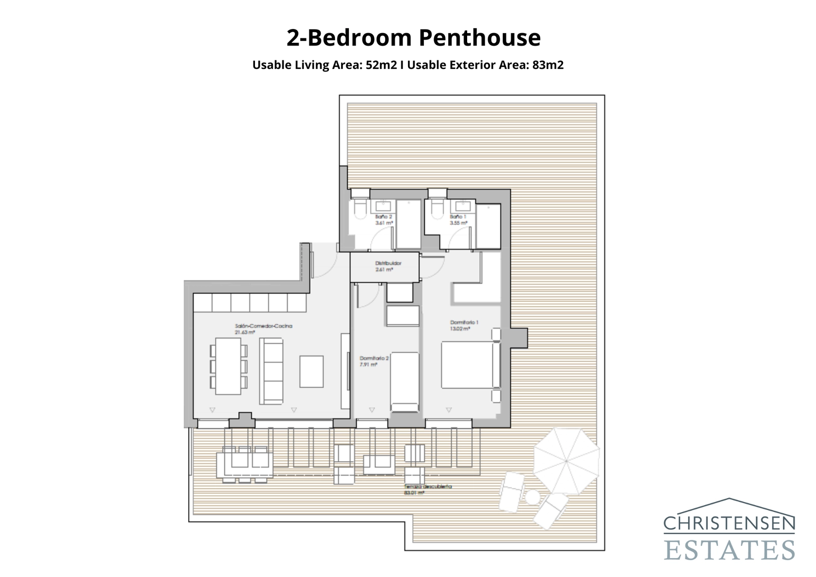 Der exklusive Grundriss der Dachgeschosswohnung mit zwei Schlafzimmern verfügt über eine weitläufige umlaufende Terrasse, die außergewöhnlichen Raum für Unterhaltung und Entspannung bietet.