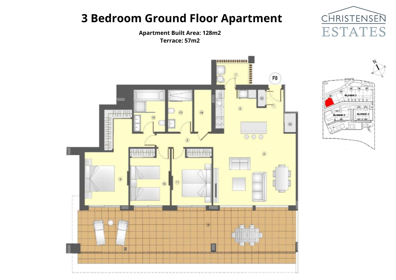 Der Grundriss für eine Erdgeschosswohnung mit drei Schlafzimmern zeigt geräumige Innenräume, die sich zu einer großen Terrasse und einem Privatgarten öffnen, perfekt für das Leben im Freien.