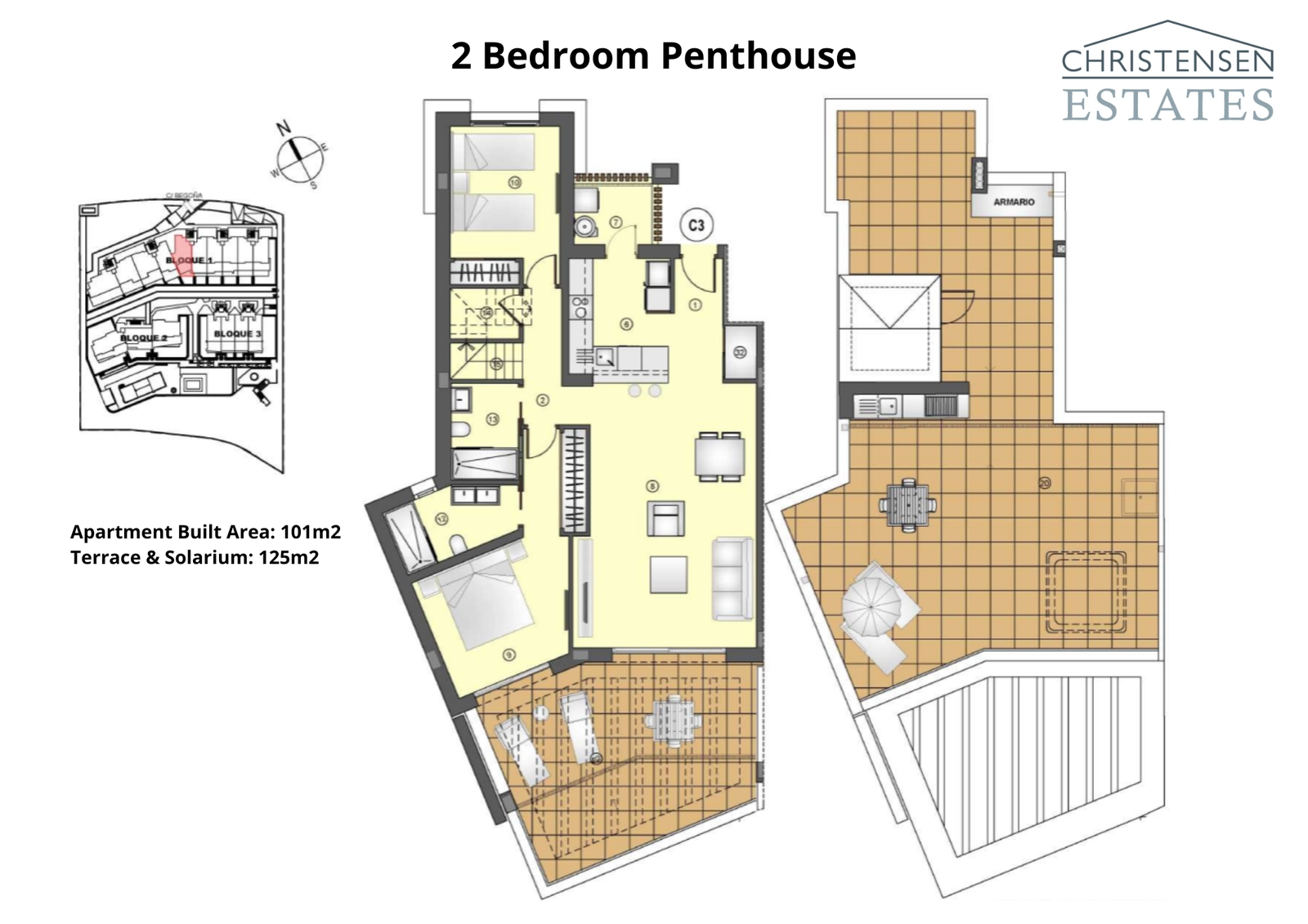 Grundriss für ein Zwei-Schlafzimmer-Penthouse, der den Übergang von den Wohnbereichen zur Terrasse und das weitläufige private Solarium auf der oberen Ebene veranschaulicht.