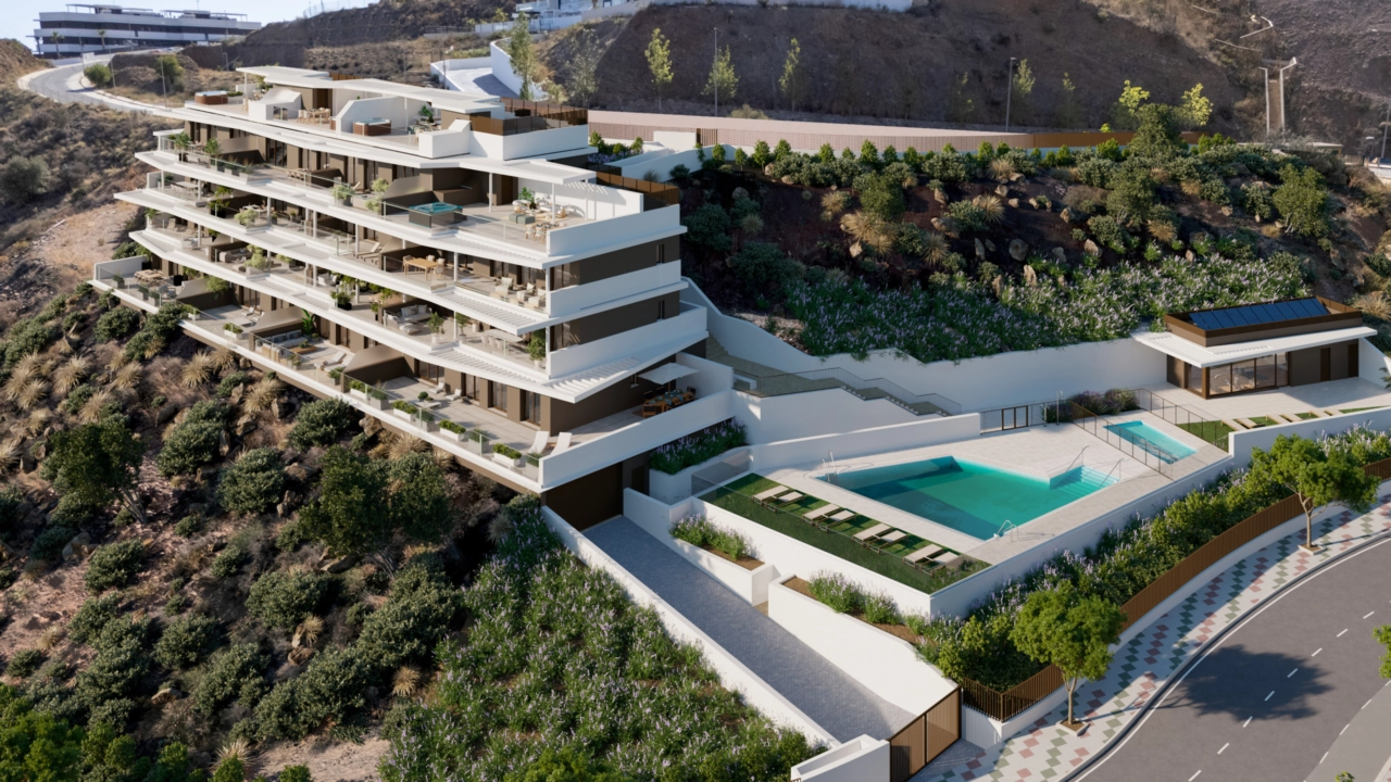 Eine Luftaufnahme, die die privilegierte Lage und die Gemeinschaftseinrichtungen der Anlage zeigt.