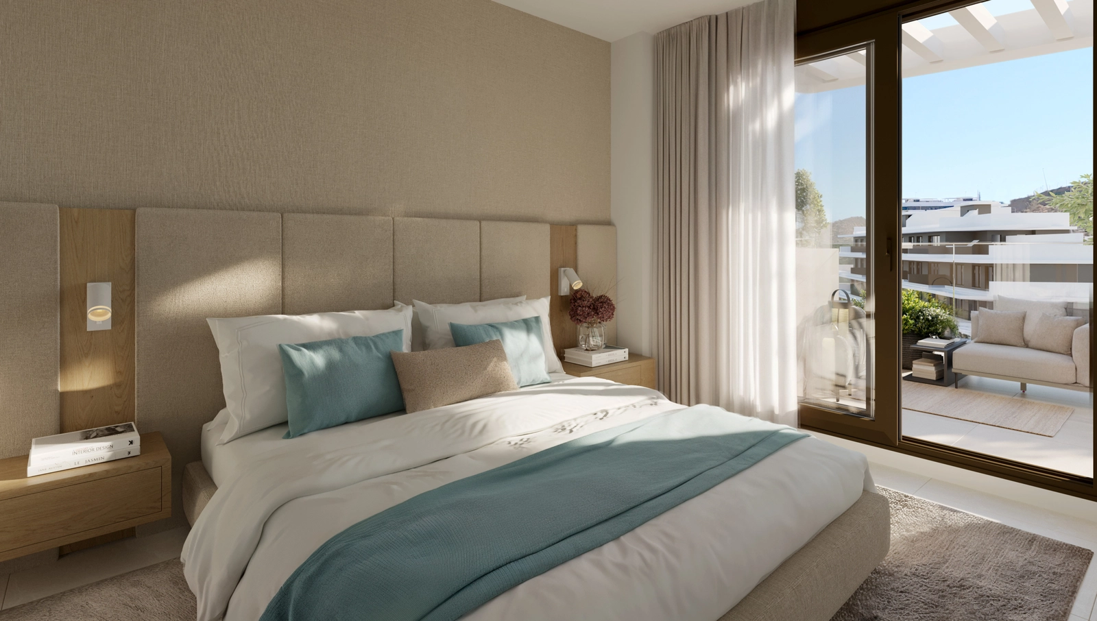 Das Hauptschlafzimmer ist ein ruhiger Rückzugsort mit direktem Zugang zu einer privaten Terrasse und schöner Aussicht.