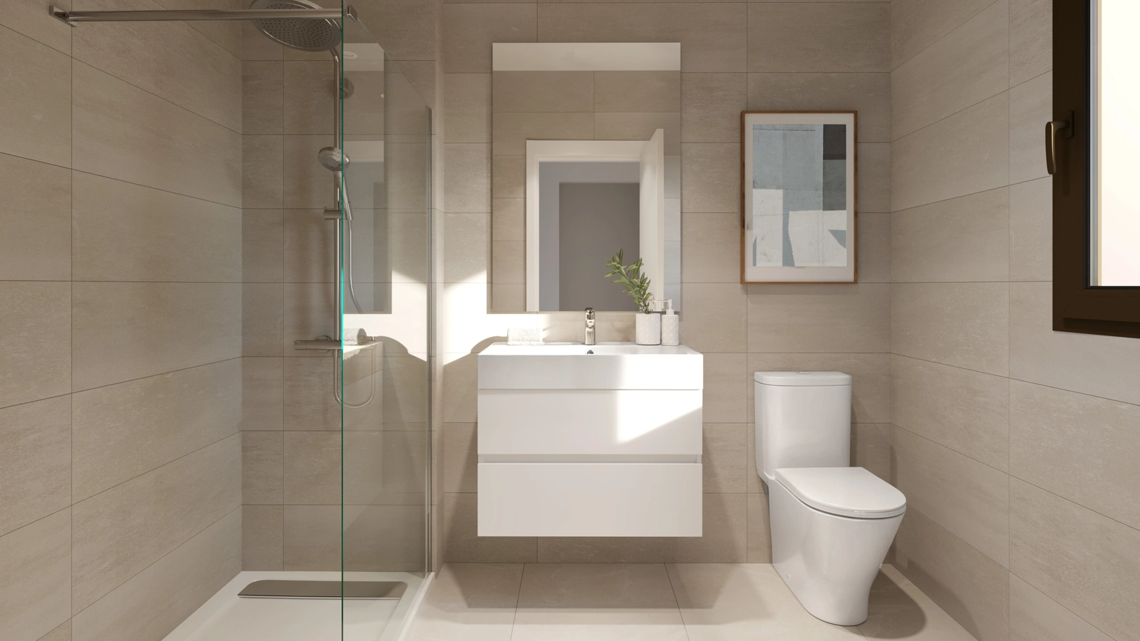 Ein modernes Badezimmer mit hochwertiger Ausstattung, einer begehbaren Dusche und einem klaren, minimalistischen Design.