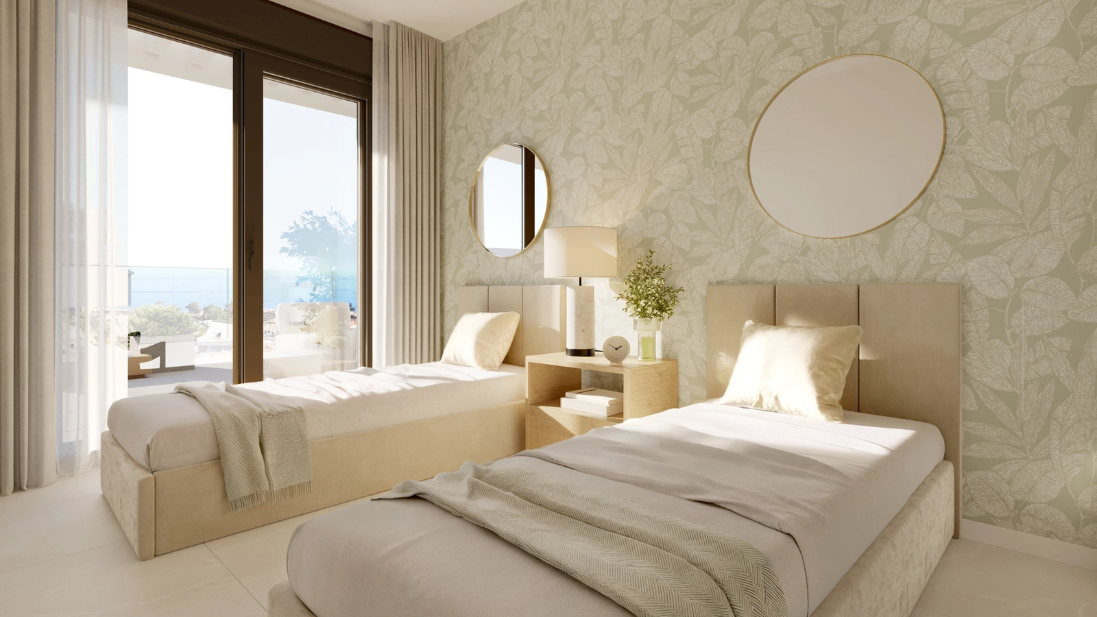 Ein wunderschön eingerichtetes zweites Schlafzimmer mit viel Tageslicht und direktem Zugang nach draußen.