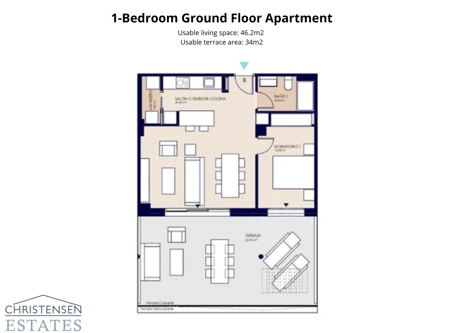 Grundriss für eine Einzimmer-Erdgeschosswohnung mit einer großzügigen Terrasse, die den Wohnraum nach draußen erweitert.
