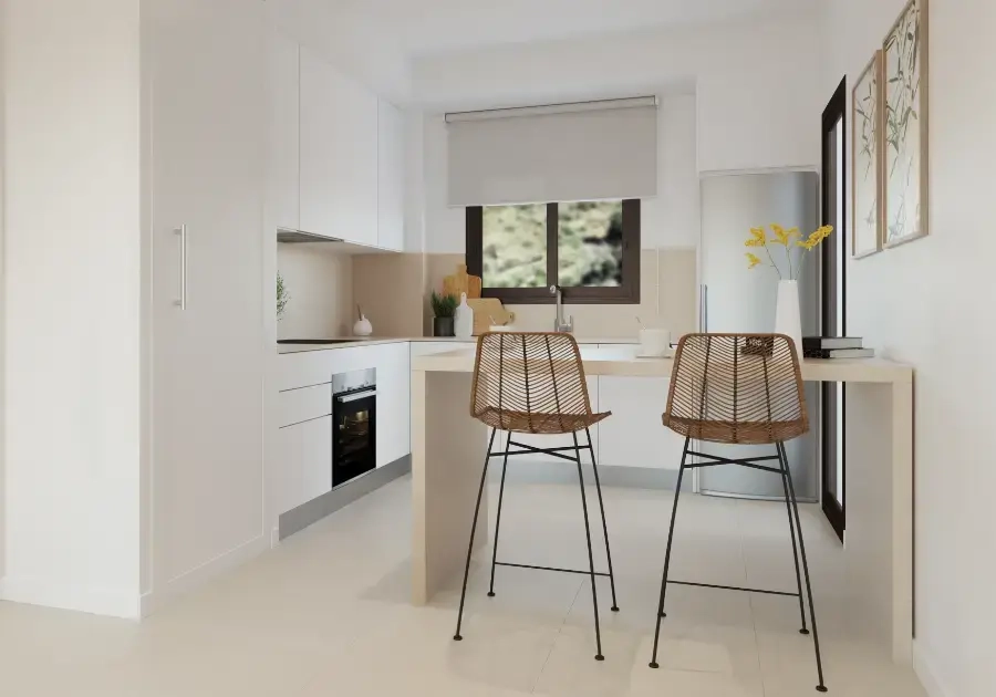 Eine moderne, offene Küche mit hochwertigen Oberflächen, perfekt für den Alltag und zur Unterhaltung.