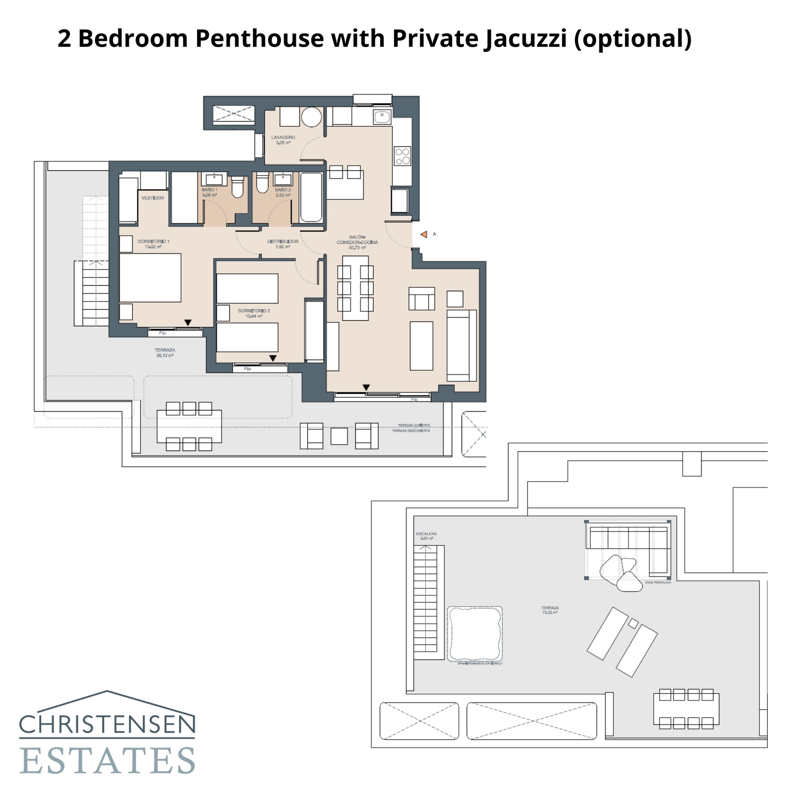 Der Grundriss des Penthouses mit zwei Schlafzimmern und einem prächtigen Dachsolarium für den ultimativen privaten Rückzugsort.