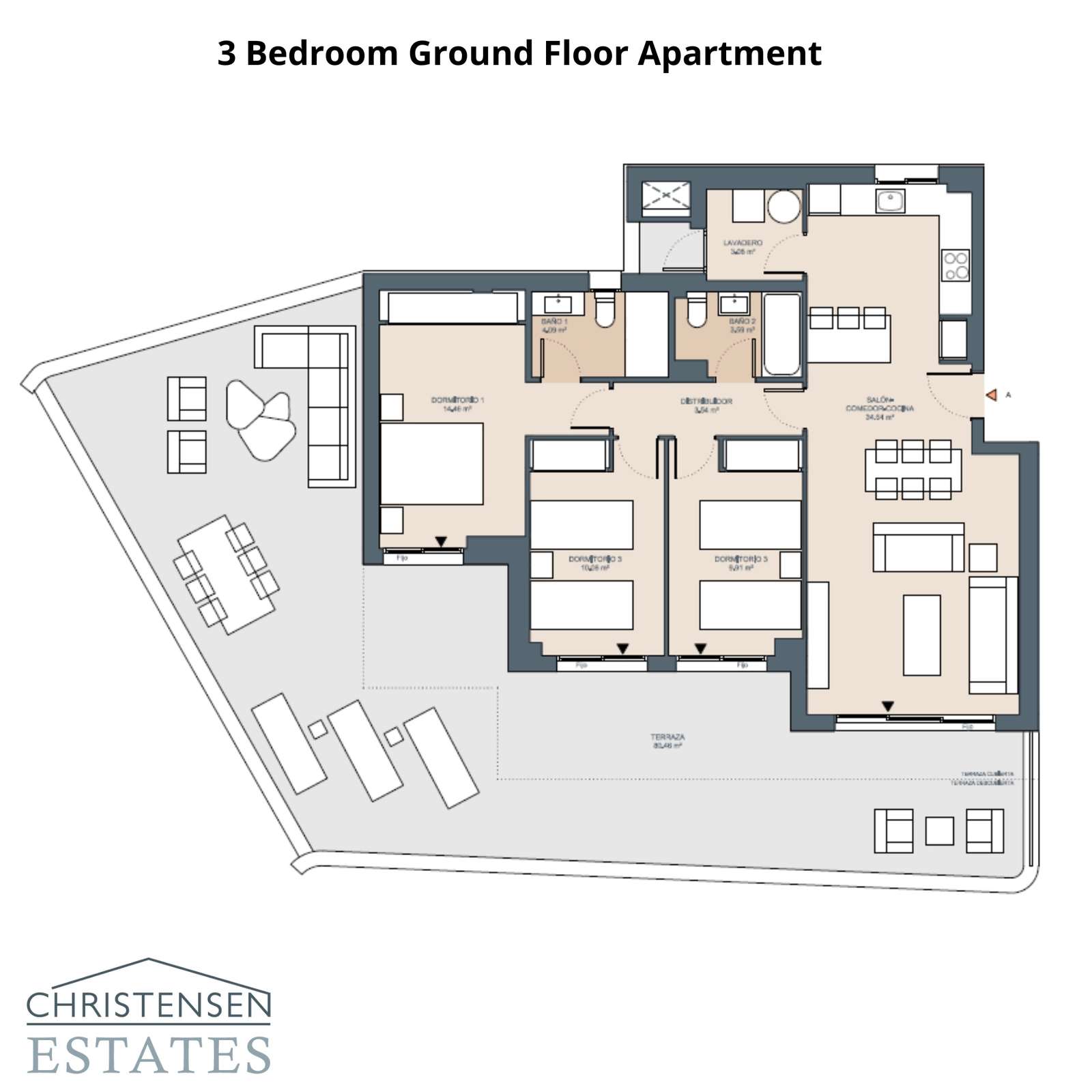 Dieser Grundriss der Erdgeschosswohnung mit drei Schlafzimmern umfasst eine großzügige Terrasse und einen Garten, der den Wohnraum nach draußen erweitert.