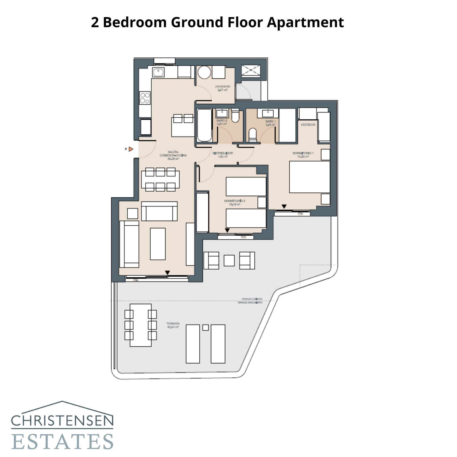 Der Grundriss einer Erdgeschosswohnung mit zwei Schlafzimmern, konzipiert für modernes Wohnen mit einfachem Zugang zu einer privaten Terrasse.