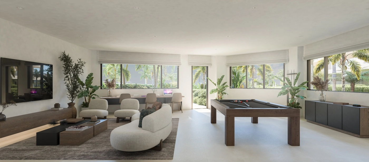 Die gemeinschaftliche Lounge, ein vielseitiger Raum, in dem Bewohner bequem arbeiten, sich treffen oder entspannen können.