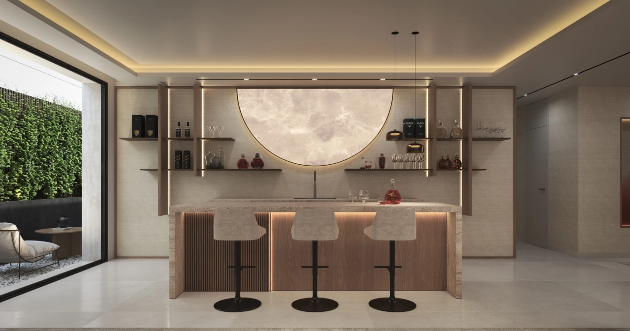 Ein stilvoller Bar- und Loungebereich im Keller bietet einen anspruchsvollen Raum, um Freunde und Familie zu bewirten.