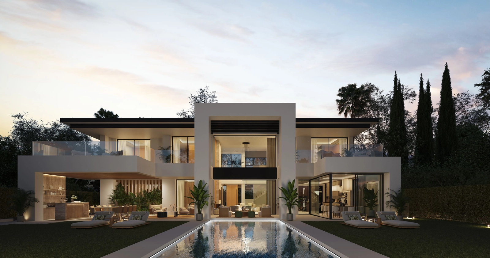 Am Abend schafft die elegante Beleuchtung der Villa eine warme und einladende Atmosphäre rund um den privaten Pool und Garten.