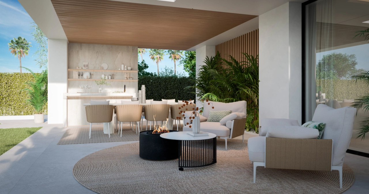 Genießen Sie den Lebensstil der Costa del Sol mit einer eleganten überdachten Terrasse, die sich perfekt zum Essen und Entspannen im Freien eignet.